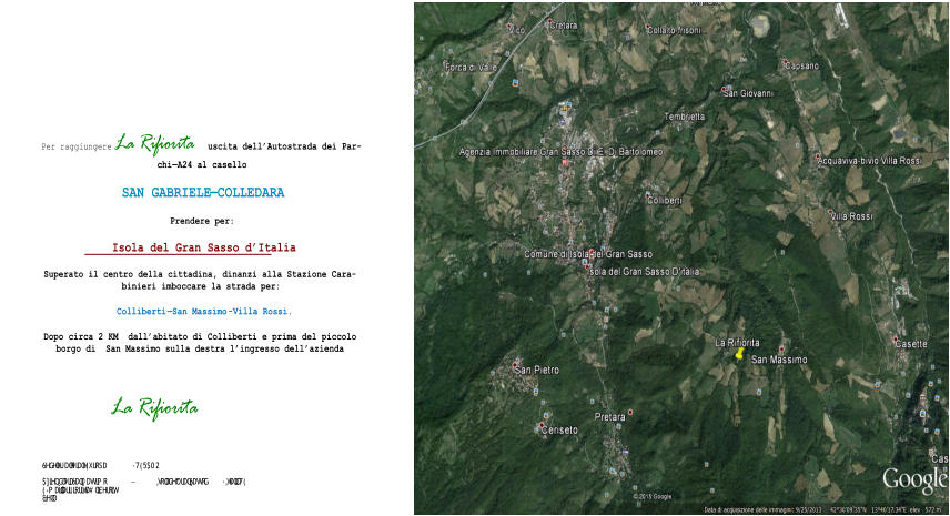 Per raggiungere  La Rifiorita   uscita dell�Autostrada dei Par- chi � A24 al casello   SAN GABRIELE � COLLEDARA   Prendere per:     Isola del Gran Sasso d�Italia   Superato il centro della cittadina, dinanzi alla Stazione Cara- binieri imboccare la strada per:     Colliberti � San Massimo - Villa Rossi.   Dopo circa 2 KM  dall�abitato di Colliberti e prima del piccolo  borgo di  San Massimo sulla destra l�ingresso dell�azienda   6HGHOHJDOH9LDOH(XURSD -  7(5$02     $]LHQGD9LD6DQ0DVVLPR  �  ,VRODGHO*UDQ6DVVRG � ,WDOLD7(   ( - PDLOODULILRULWD#OLEHURLW   &HOO     La Rifiorita
